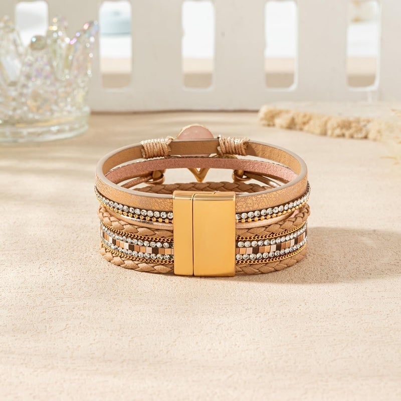 Rantanto Braid Leather Wrap Bracelet Trendy Stackable Crystal Cuff Boho Gold Heart Bracelet Jewelry Gift For Women - Image 5